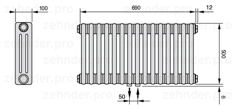 Схема (чертеж) Радиатор Zehnder Charleston 3050/15 №5410 Белый глянцевый RAL 9016